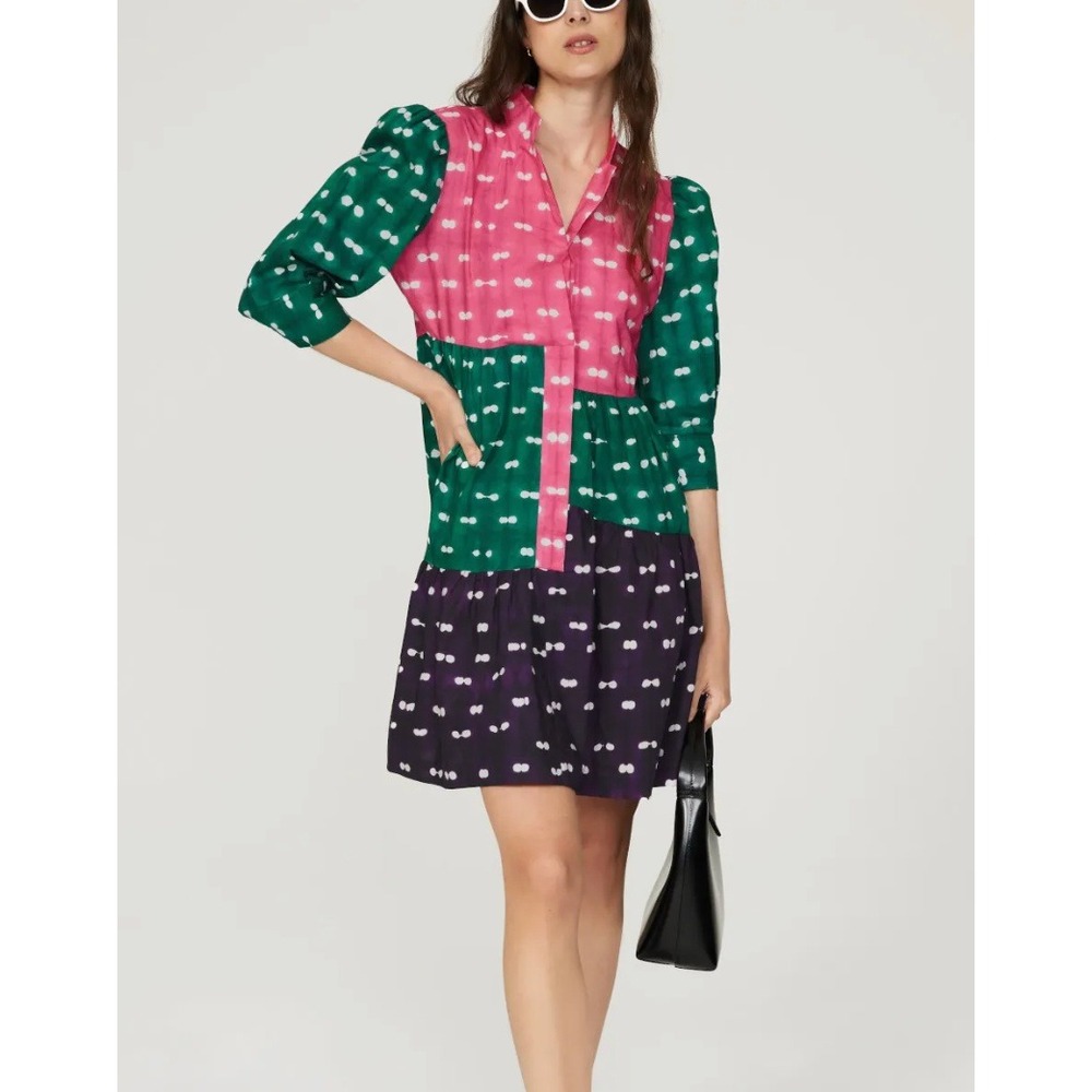 Busayo Collective Patchwork Tie Dye Cotton Poplin Mini Dress in Multi sz 12